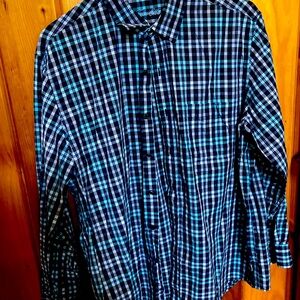 Tasso Elba blue plaid Men's button up shirt long sleeve pocket XL 17-17 1/2”